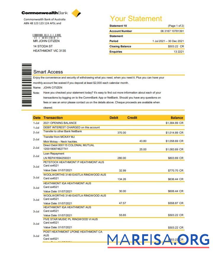 Printable Australia Commonwealth Bank statement real example